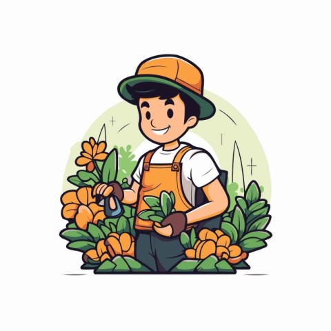 Gardener in hat and gloves working with flowers. Vector illustra