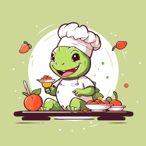 Vector illustration of a cute smiling crocodile chef with fruits