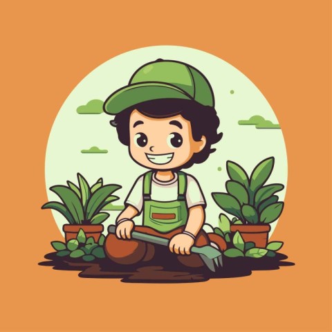 Cute little gardener boy working in the garden. Vector illustrat