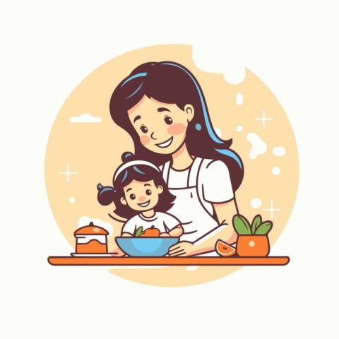 Mother and daughter cooking together in kitchen. Vector illustra