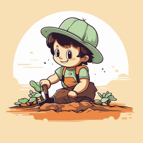 Vector illustration of a boy planting seedlings in the ground. H