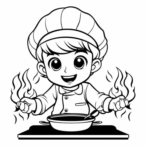 Black and White Cartoon Illustration of Cute Little Chef Girl Co