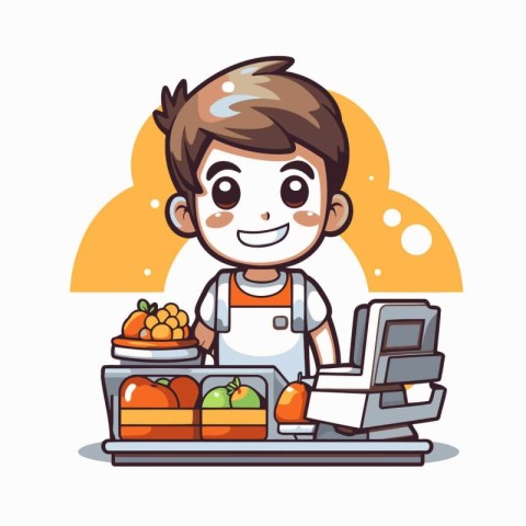 Cute boy with healthy food. Vector illustration in cartoon style