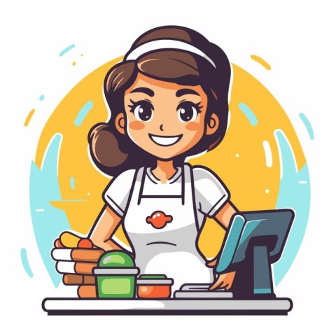 Cute girl in apron working on laptop. Vector illustration.