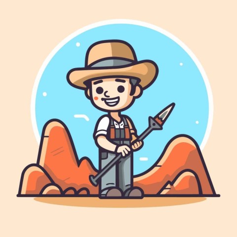 Cartoon farmer with a shovel. Vector illustration in a flat styl