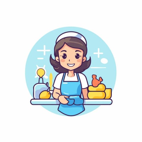 Cute little girl in apron cooking food. Vector illustration.