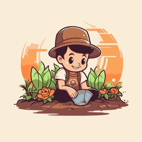 Cute boy digging in the ground. Vector illustration. Cartoon cha