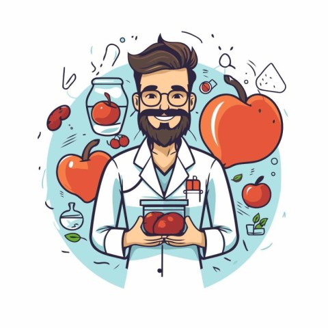 Vector illustration of a doctor with a stethoscope holding apple