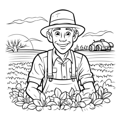 Farmer in the field. black and white vector illustration for col