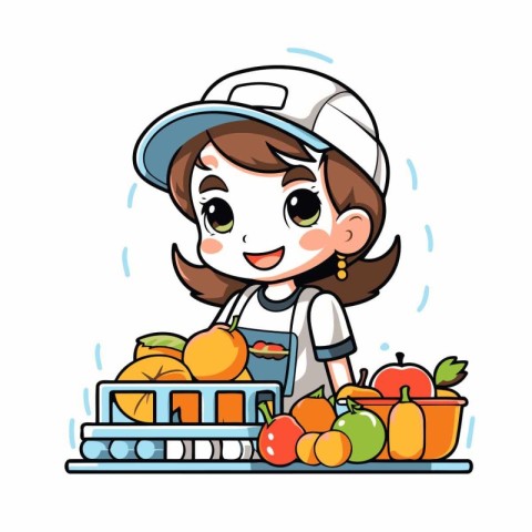 Cute little girl with shopping cart and fruits. Vector illustrat