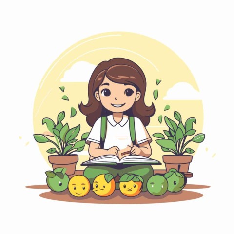 Girl sitting in the garden and reading a book. Vector illustrati