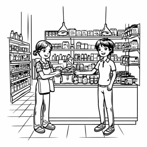 Supermarket cashier and customer. Black and white vector illustr