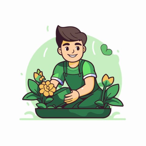 Vector illustration of a young gardener with flowers in his hand