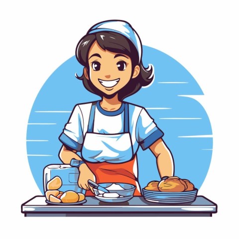 Girl in apron cooking bread in the kitchen. Vector illustration.