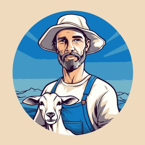 Vector illustration of a farmer with a goat on the background of