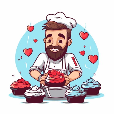 Chef with cupcakes. Vector illustration of a cartoon character.