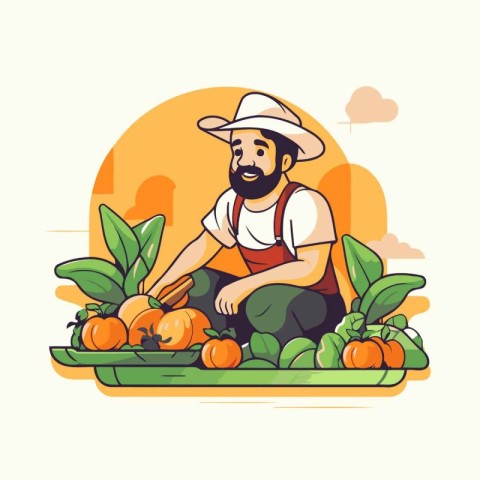 Farmer in hat and apron sitting on a platter of oranges. Vector