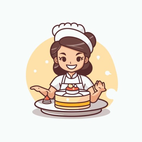 Cute little chef girl with cake. Vector illustration in cartoon