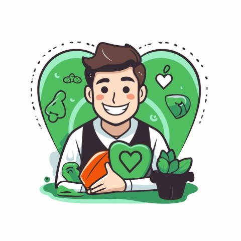 Vector illustration of a young man holding a green heart and pla