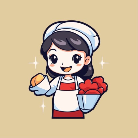 Cute girl chef holding a bowl of fresh vegetables. Vector illust