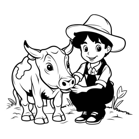 Cowboy and cow. black and white vector illustration for coloring