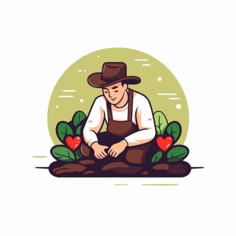 Farmer planting vegetables in the garden. Vector illustration in