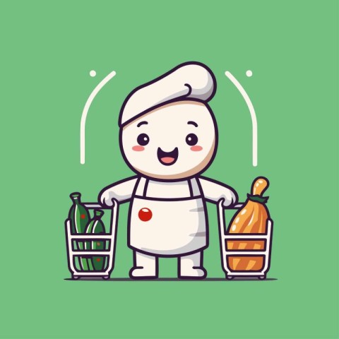 Chef cartoon character with a basket of food. Vector illustratio