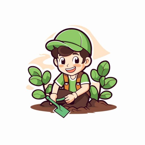 Cute little boy working in the garden. Vector cartoon illustrati