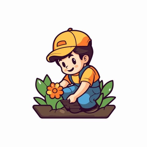 Cute little boy planting flowers in the garden. Vector illustrat