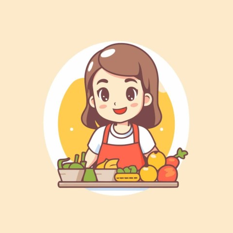 Cute little girl in apron choosing fruits. Vector illustration.