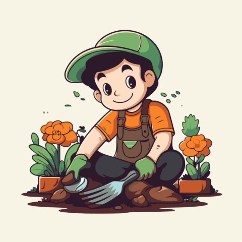 Cartoon gardener boy planting flowers in the garden. Vector illu