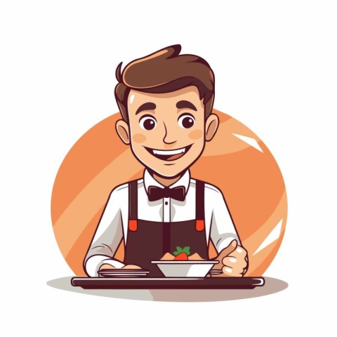 Handsome young waiter with plate of food. Vector illustration.