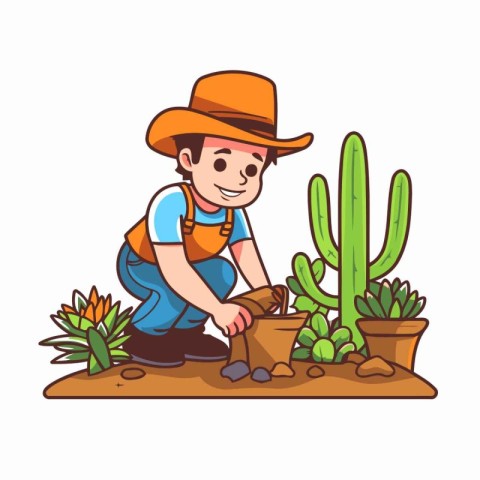 Gardener man planting cactus in pot. Cartoon vector illustration