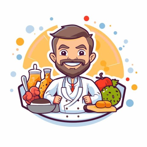 Cartoon chef with healthy food. Vector illustration in cartoon s