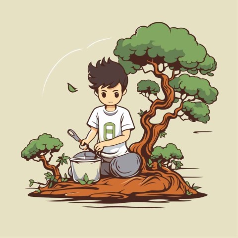 Cute boy cooking in the forest. Vector illustration of a cartoon