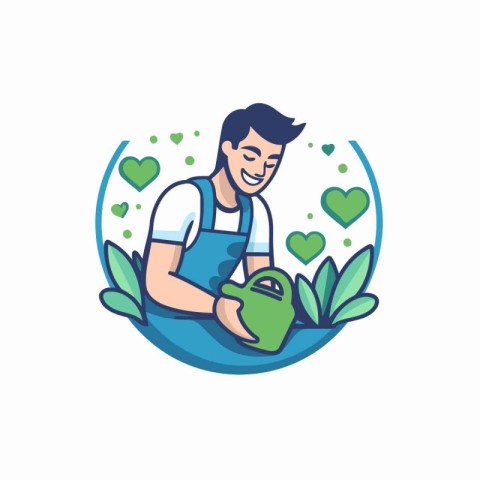 Gardener with watering can. Flat style vector illustration on wh