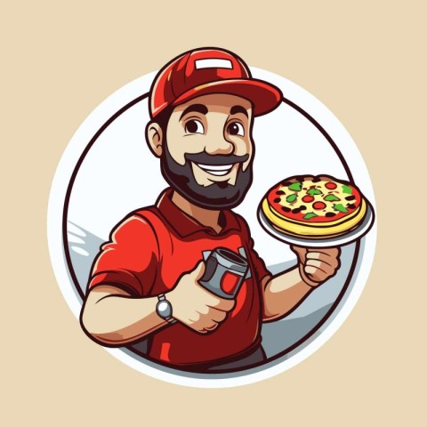 Pizza delivery man holding a pizza. Vector illustration in carto