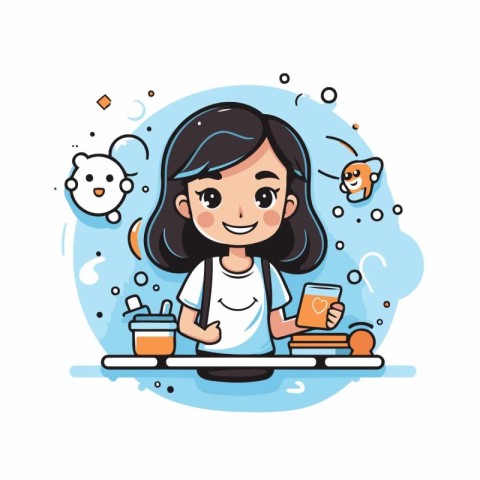 Cute little girl baking cake. Vector illustration in cartoon sty