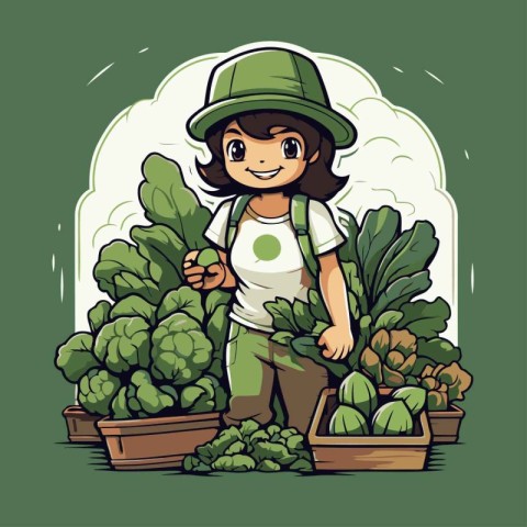 Cute little girl farmer with fresh vegetables. Vector illustrati