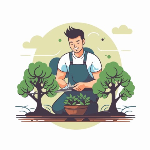 Gardening vector illustration. Young man working in the garden.