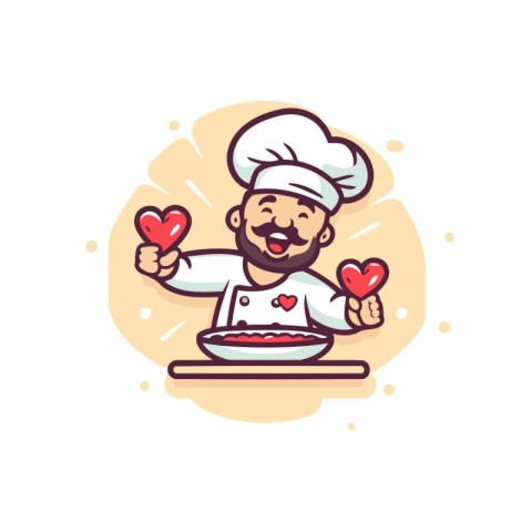 Chef holding heart shaped cookies. Vector illustration in cartoo