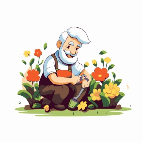 Gardener with a shovel. Vector illustration on white background.