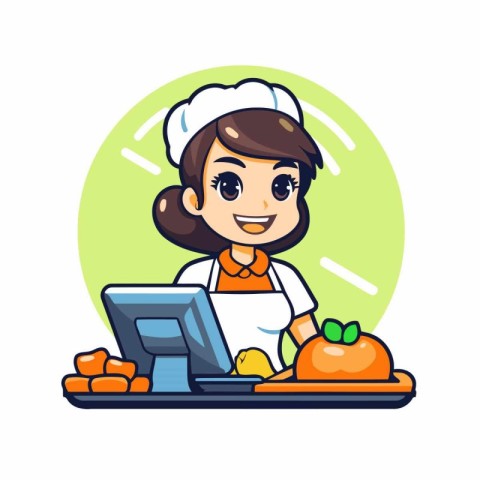 Cartoon girl chef with a laptop. Vector illustration in a flat s