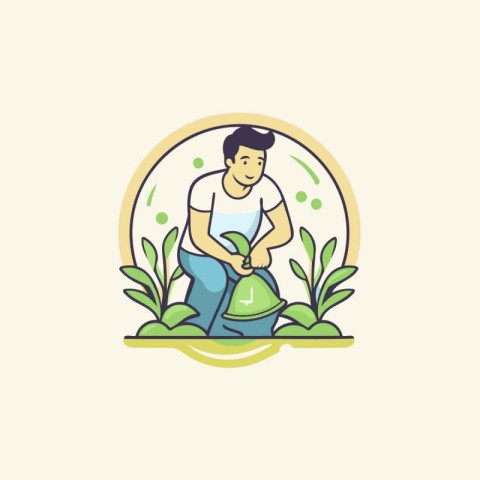 Gardening logo. Vector illustration of a man watering the plants