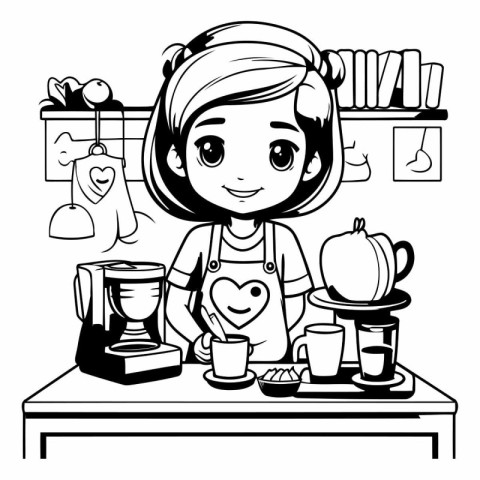 Cute little girl cooking in the kitchen. Black and white vector