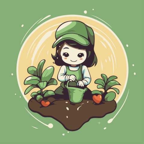 Cute little girl gardener working in the garden. Vector illustra