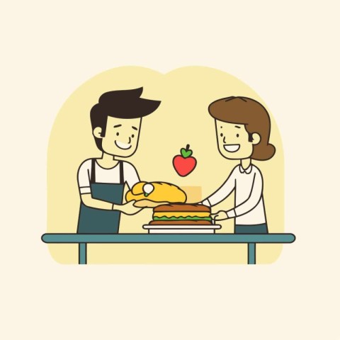 Man and woman in a cafe with food. Vector illustration in flat s