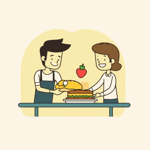 Man and woman in a cafe with food. Vector illustration in flat s