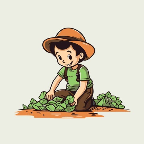 Illustration of a young farmer planting leaves in the ground. Ve