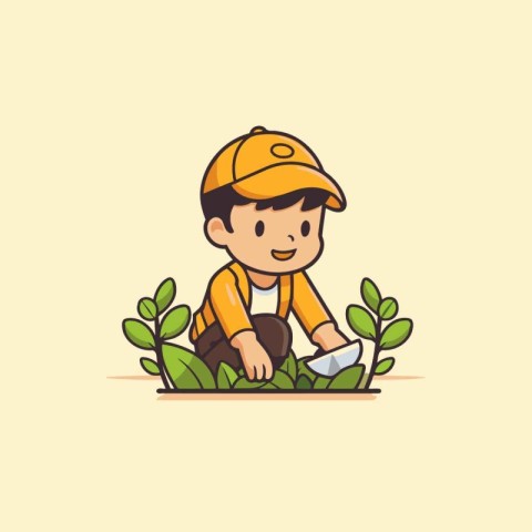 Cute little boy working in the garden. Vector cartoon illustrati